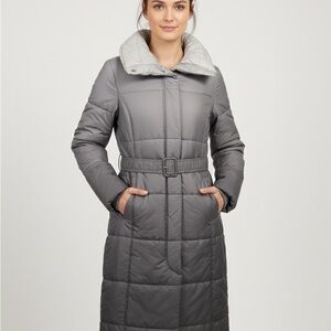 Jones New York Petite Small Grey Quilted Puffer Coat - Belted Funnel Neck